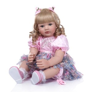 24" Beautiful Simulation Baby Golden Curly Girl Wearing Colorful Print Skirt Doll